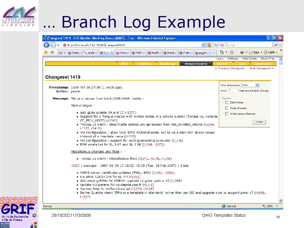 … Branch Log Example 28/10/202117/3/2008 QWG Templates Status 16 