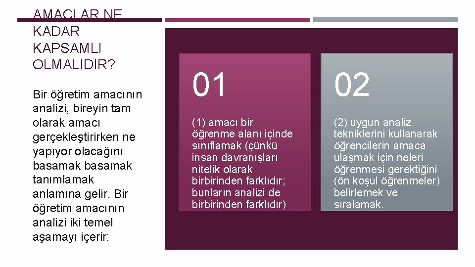 AMAÇLAR NE KADAR KAPSAMLI OLMALIDIR? Bir öğretim amacının analizi, bireyin tam olarak amacı gerçekleştirirken