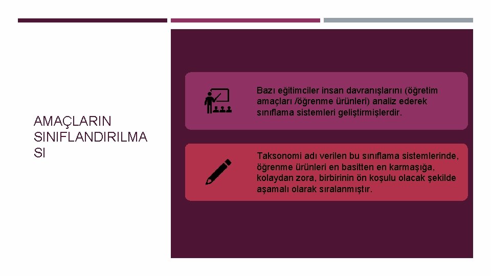 AMAÇLARIN SINIFLANDIRILMA SI Bazı eğitimciler insan davranışlarını (öğretim amaçları /öğrenme ürünleri) analiz ederek sınıflama