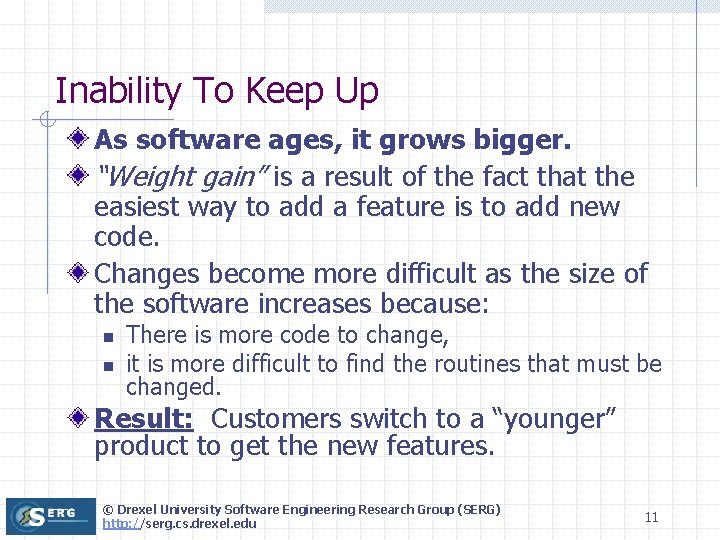 Inability To Keep Up As software ages, it grows bigger. “Weight gain” is a
