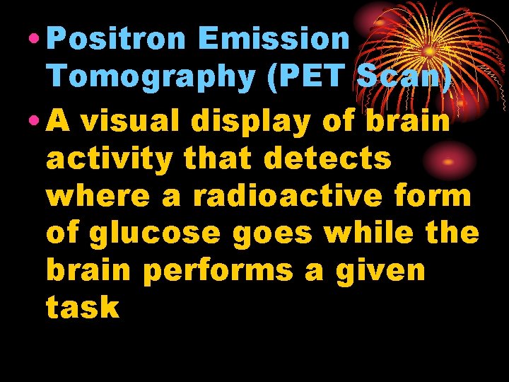  • Positron Emission Tomography (PET Scan) • A visual display of brain activity