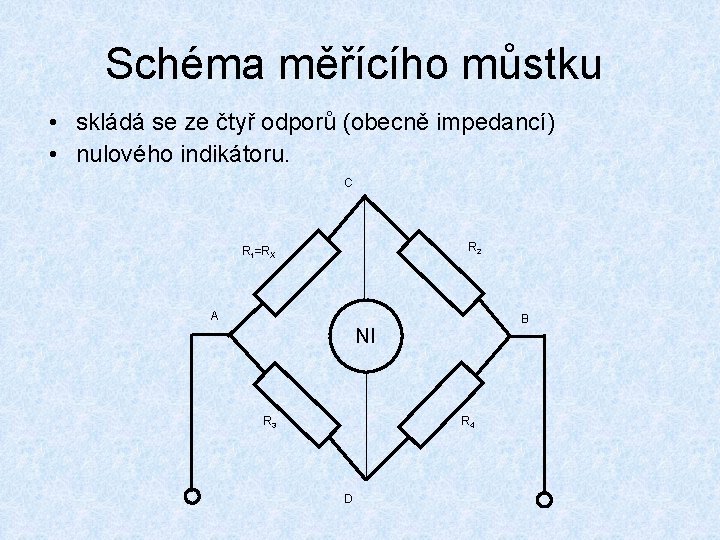 Schéma měřícího můstku • skládá se ze čtyř odporů (obecně impedancí) • nulového indikátoru.