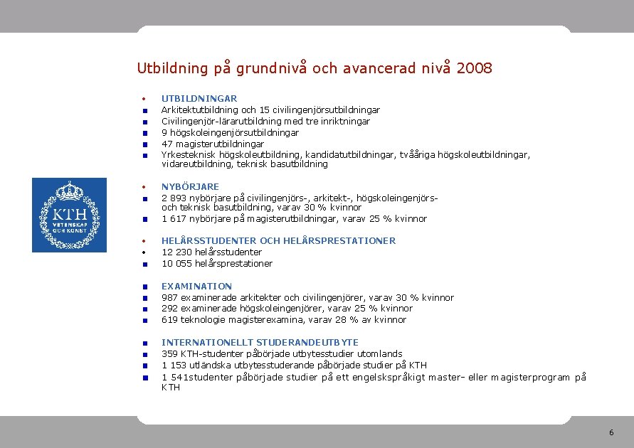 Utbildning på grundnivå och avancerad nivå 2008 • UTBILDNINGAR Arkitektutbildning och 15 civilingenjörsutbildningar Civilingenjör-lärarutbildning