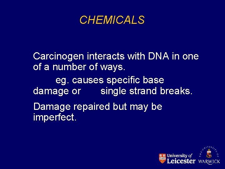 CHEMICALS Carcinogen interacts with DNA in one of a number of ways. eg. causes
