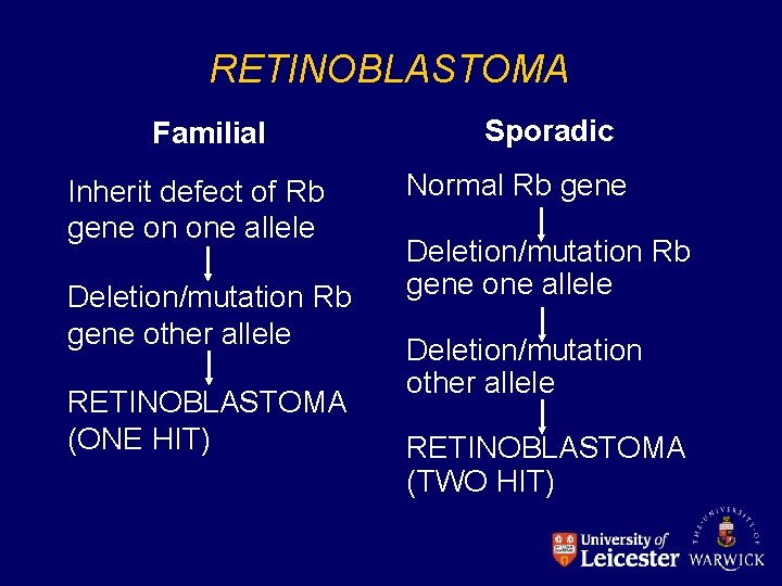 RETINOBLASTOMA Familial Inherit defect of Rb gene on one allele Deletion/mutation Rb gene other