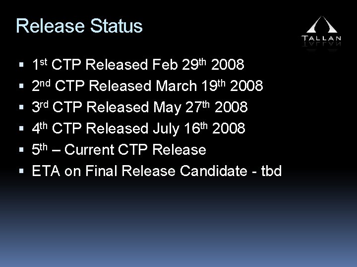 Release Status 1 st CTP Released Feb 29 th 2008 2 nd CTP Released