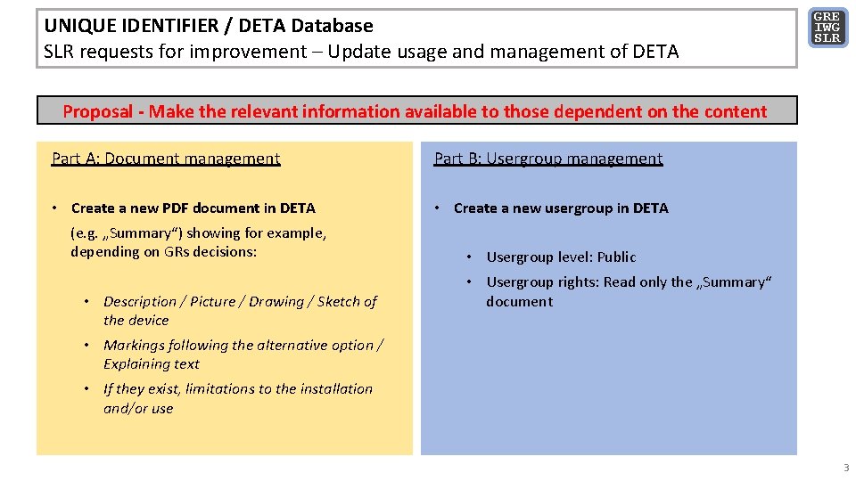 UNIQUE IDENTIFIER / DETA Database SLR requests for improvement – Update usage and management