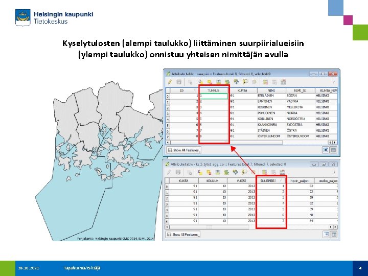 Kyselytulosten (alempi taulukko) liittäminen suurpiirialueisiin (ylempi taulukko) onnistuu yhteisen nimittäjän avulla 28. 10. 2021