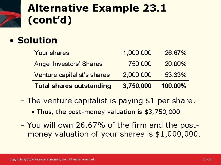Alternative Example 23. 1 (cont’d) • Solution Your shares 1, 000 26. 67% 750,