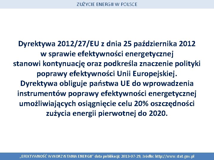 ZUŻYCIE ENERGII W POLSCE Dyrektywa 2012/27/EU z dnia 25 października 2012 w sprawie efektywności