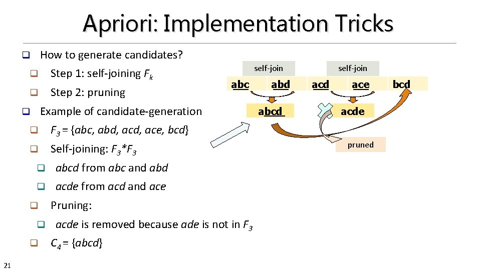 Apriori: Implementation Tricks How to generate candidates? q q Step 1: self-joining Fk q