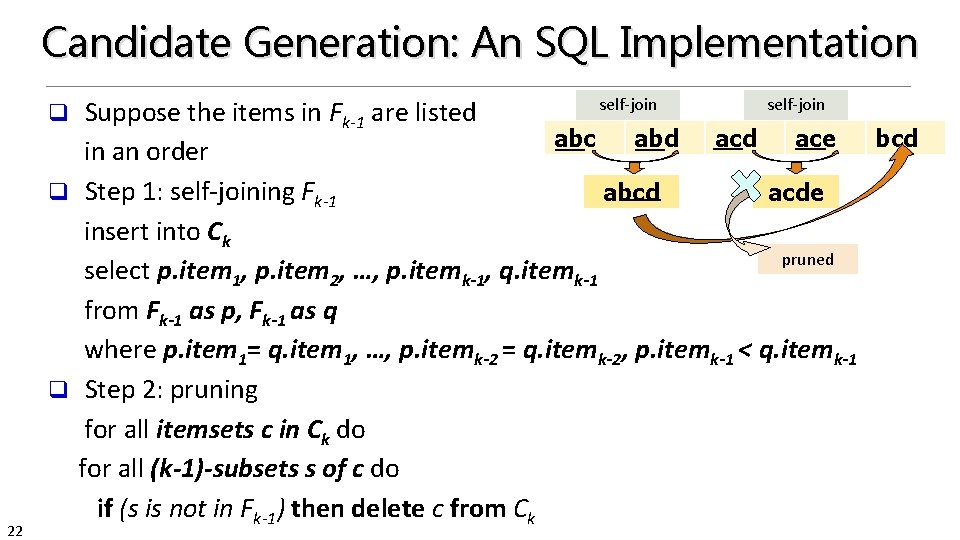 Candidate Generation: An SQL Implementation self-join Suppose the items in Fk-1 are listed abc