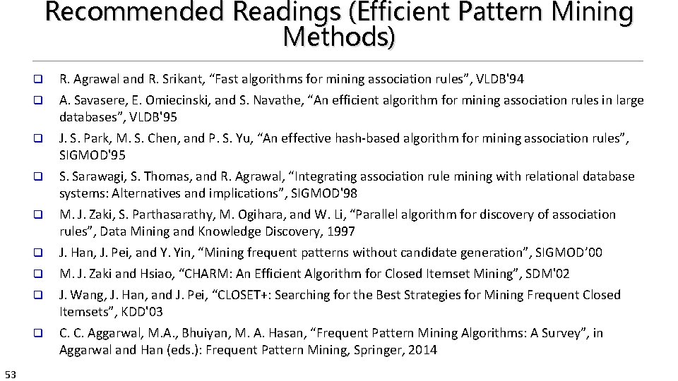 Recommended Readings (Efficient Pattern Mining Methods) q R. Agrawal and R. Srikant, “Fast algorithms