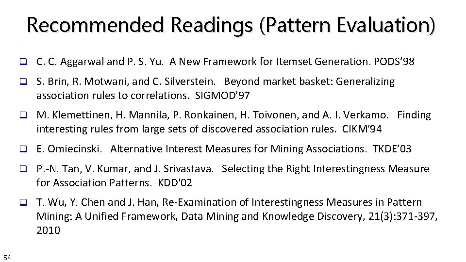 Recommended Readings (Pattern Evaluation) 54 q C. C. Aggarwal and P. S. Yu. A