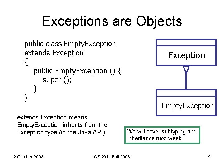 Exceptions are Objects public class Empty. Exception extends Exception { public Empty. Exception ()