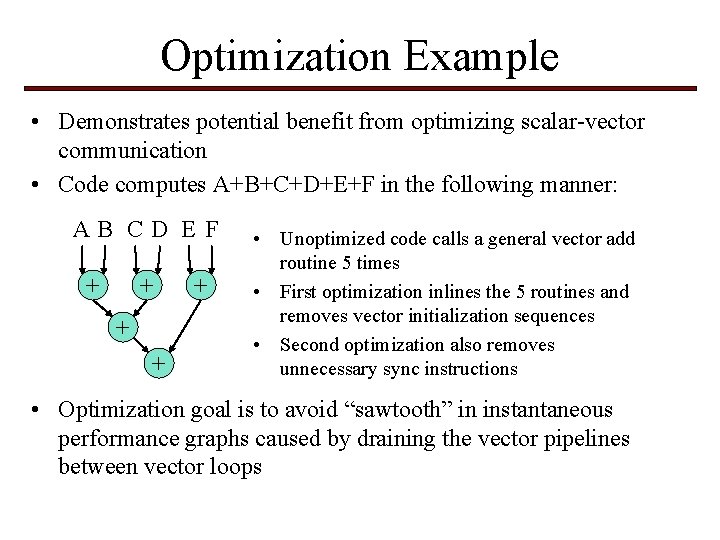 Optimization Example • Demonstrates potential benefit from optimizing scalar-vector communication • Code computes A+B+C+D+E+F