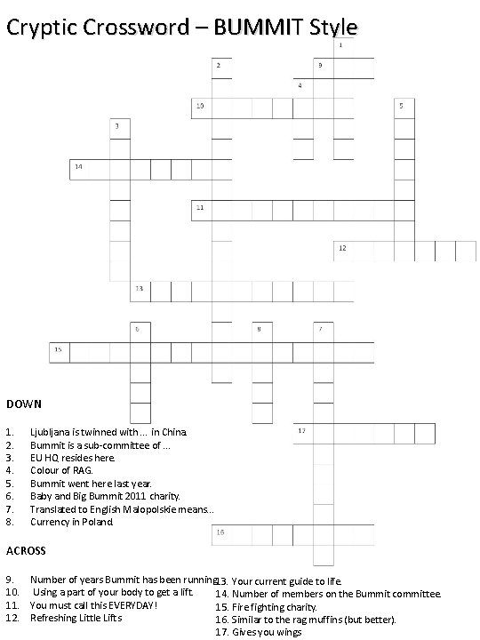 Cryptic Crossword – BUMMIT Style DOWN 1. 2. 3. 4. 5. 6. 7. 8.