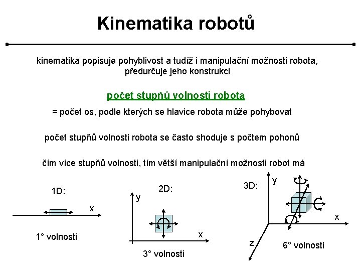 Kinematika robotů kinematika popisuje pohyblivost a tudíž i manipulační možnosti robota, předurčuje jeho konstrukci