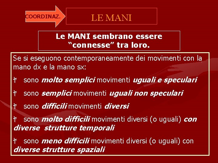 COORDINAZ. LE MANI Le MANI sembrano essere “connesse” tra loro. Se si eseguono contemporaneamente