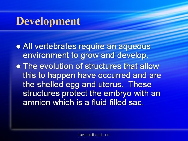 Development l All vertebrates require an aqueous environment to grow and develop. l The