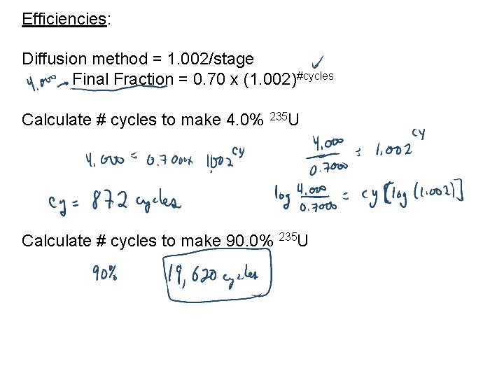 Efficiencies: Diffusion method = 1. 002/stage Final Fraction = 0. 70 x (1. 002)#cycles