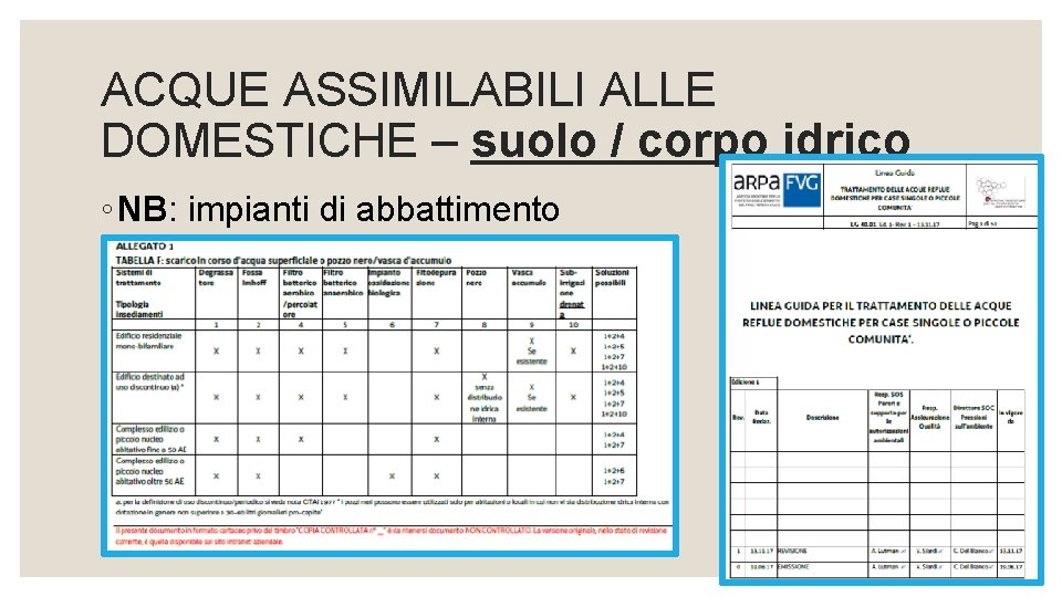 ACQUE ASSIMILABILI ALLE DOMESTICHE – suolo / corpo idrico ◦ NB: impianti di abbattimento