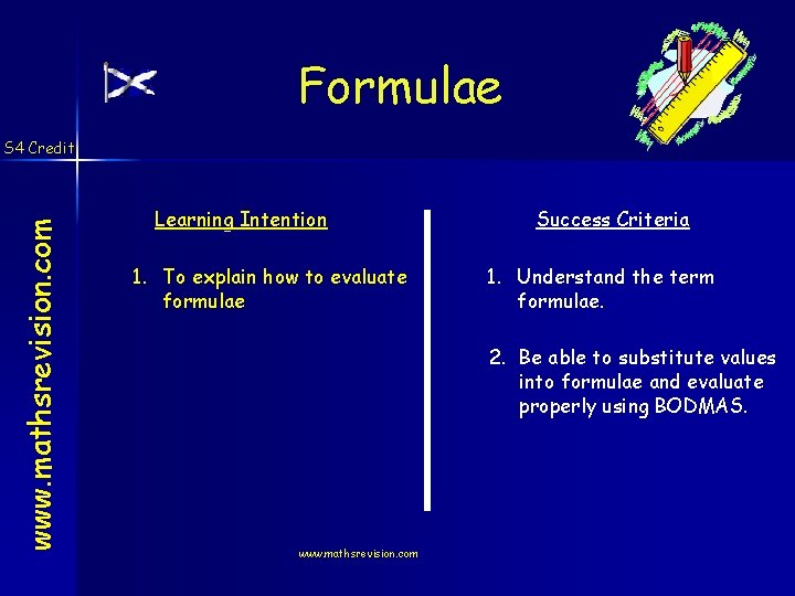 Formulae www. mathsrevision. com S 4 Credit Learning Intention 1. To explain how to