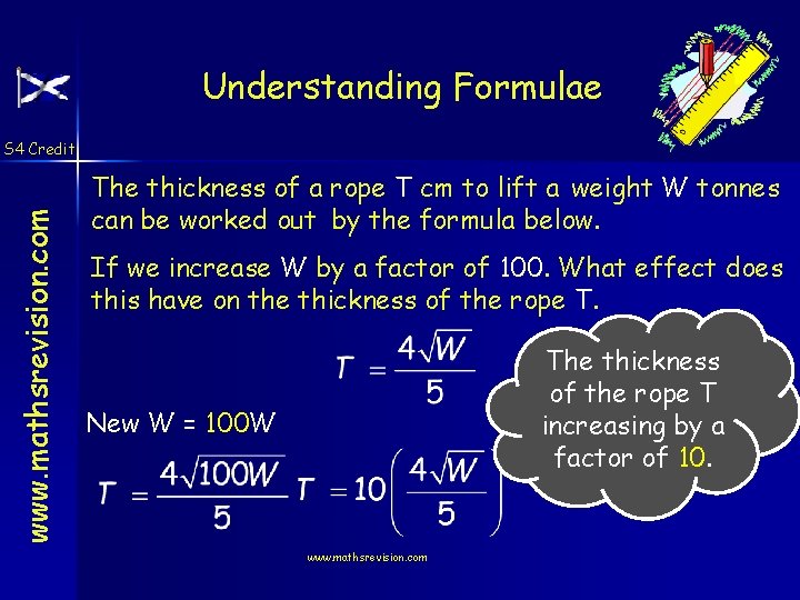 Understanding Formulae www. mathsrevision. com S 4 Credit The thickness of a rope T
