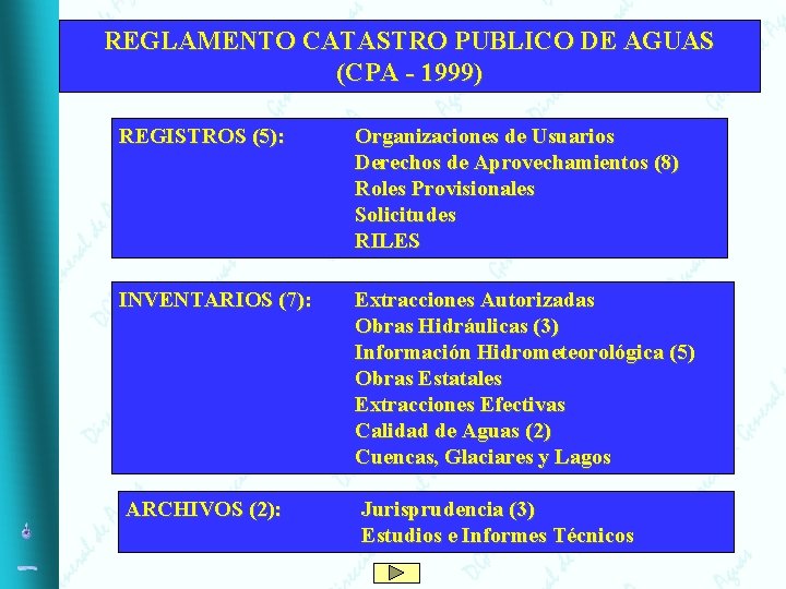 REGLAMENTO CATASTRO PUBLICO DE AGUAS (CPA - 1999) REGISTROS (5): Organizaciones de Usuarios Derechos