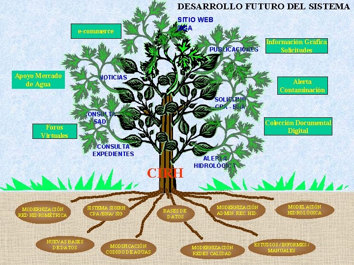 DESARROLLO FUTURO DEL SISTEMA SITIO WEB DGA e-commerce PUBLICACIONES Apoyo Mercado de Agua NOTICIAS