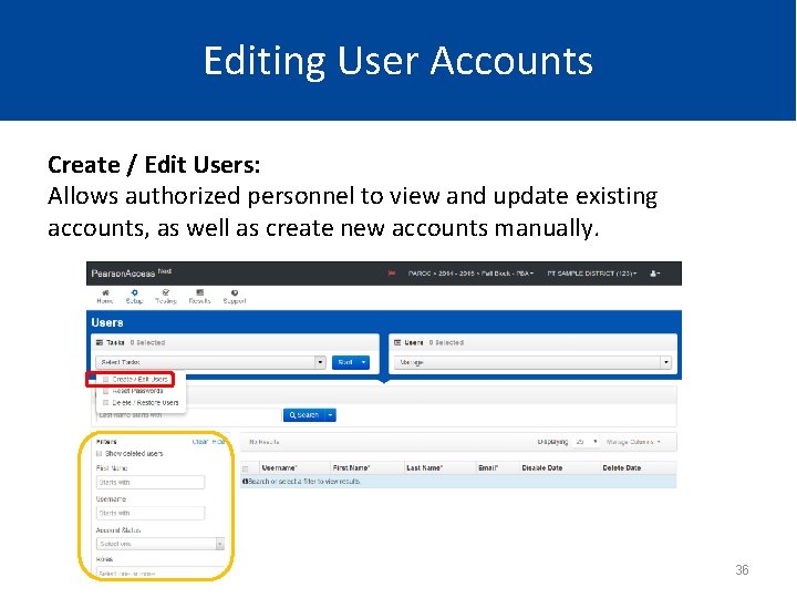 Editing User Accounts Create / Edit Users: Allows authorized personnel to view and update