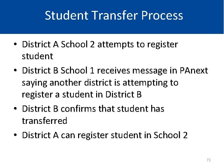 Student Transfer Process • District A School 2 attempts to register student • District