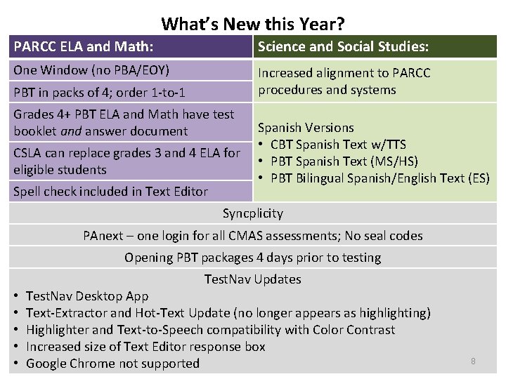 What’s New this Year? PARCC ELA and Math: Science and Social Studies: One Window