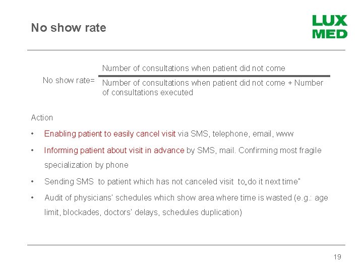No show rate Number of consultations when patient did not come No show rate=