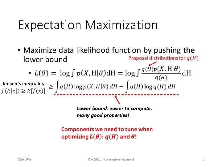 Expectation Maximization • Jensen's inequality Lower bound: easier to compute, many good properties! CS@UVa