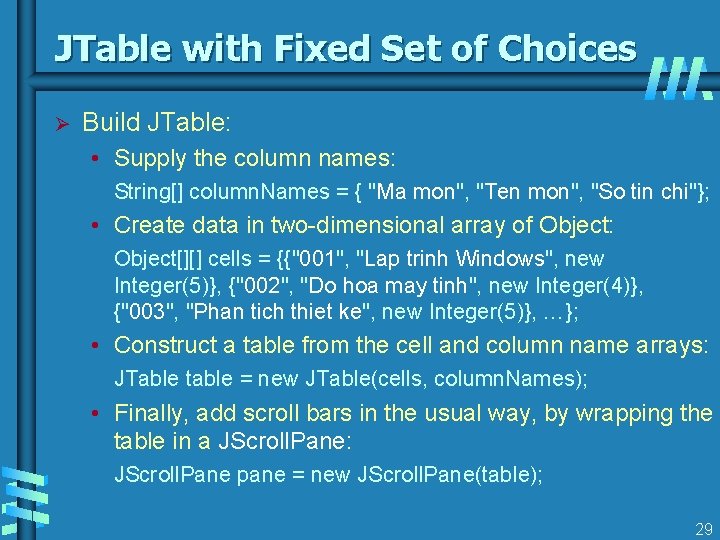 JTable with Fixed Set of Choices Ø Build JTable: • Supply the column names: