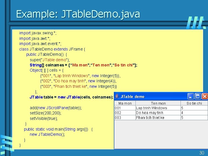 Example: JTable. Demo. java import javax. swing. *; import java. awt. event. *; class