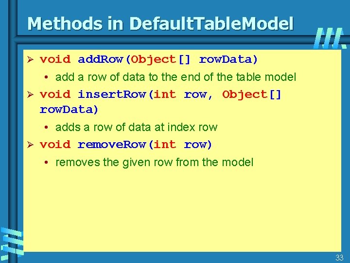 Methods in Default. Table. Model Ø void add. Row(Object[] row. Data) • add a