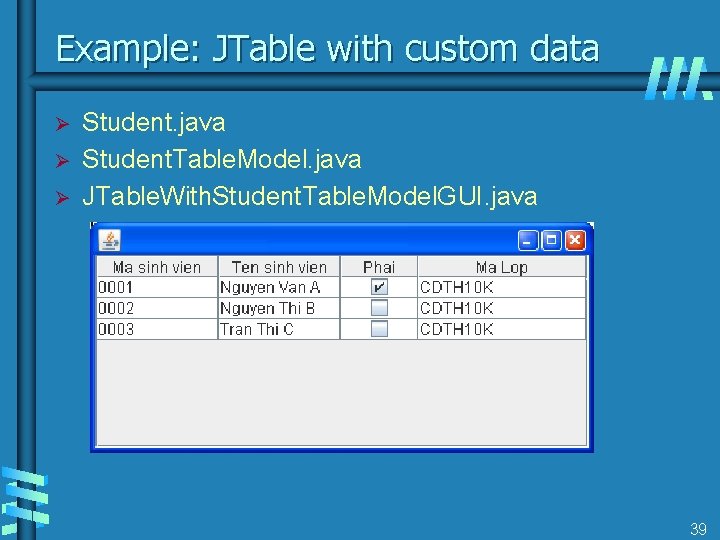 Example: JTable with custom data Ø Ø Ø Student. java Student. Table. Model. java