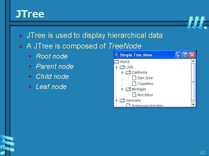 JTree Ø Ø JTree is used to display hierarchical data A JTree is composed