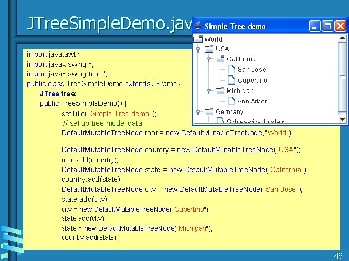 JTree. Simple. Demo. java import java. awt. *; import javax. swing. tree. *; public