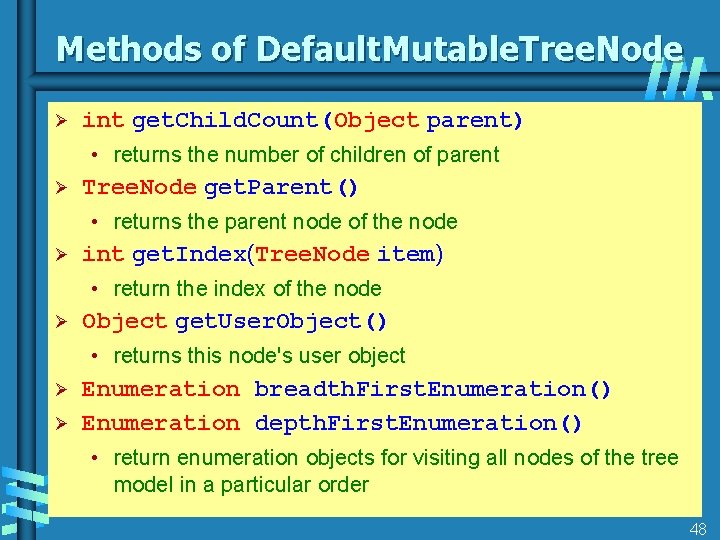 Methods of Default. Mutable. Tree. Node Ø int get. Child. Count(Object parent) • returns