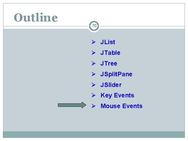 Outline 70 Ø JList Ø JTable Ø JTree Ø JSplit. Pane Ø JSlider Ø