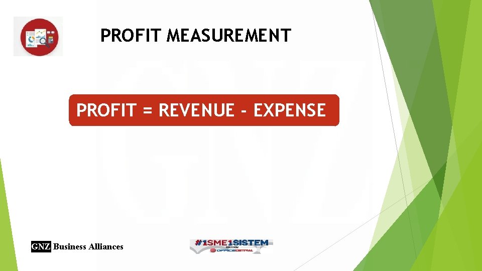 PROFIT MEASUREMENT PROFIT = REVENUE - EXPENSE GNZ Business Alliances 