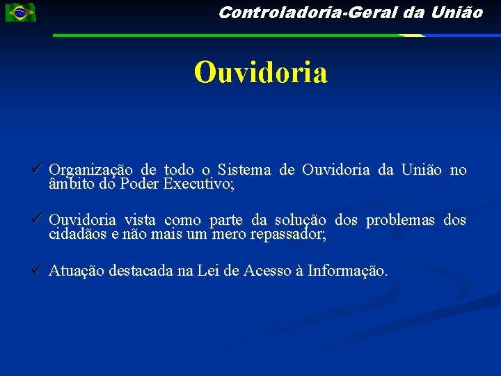 Controladoria-Geral da União Ouvidoria Organização de todo o Sistema de Ouvidoria da União no