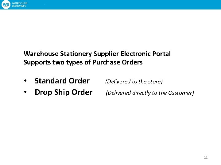 Warehouse Stationery Supplier Electronic Portal Supports two types of Purchase Orders • Standard Order