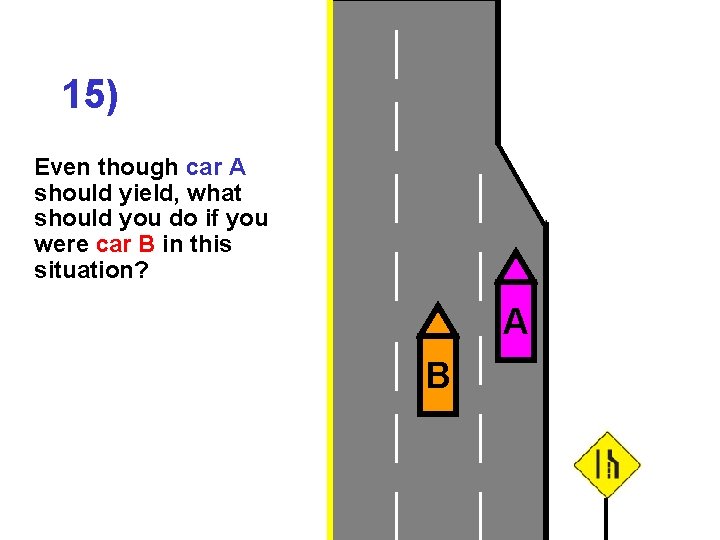 15) Even though car A should yield, what should you do if you were