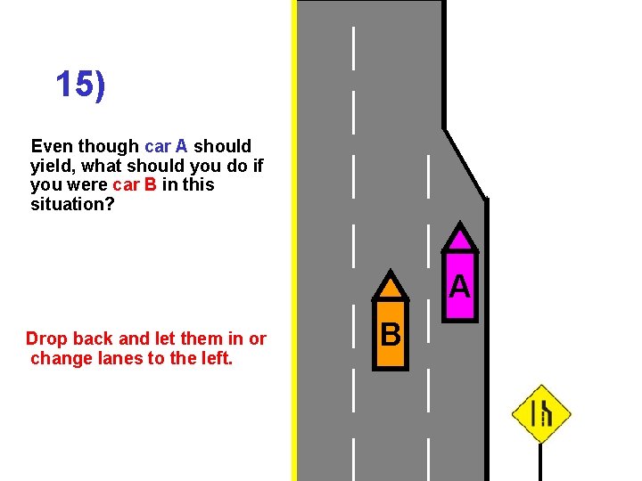 15) Even though car A should yield, what should you do if you were