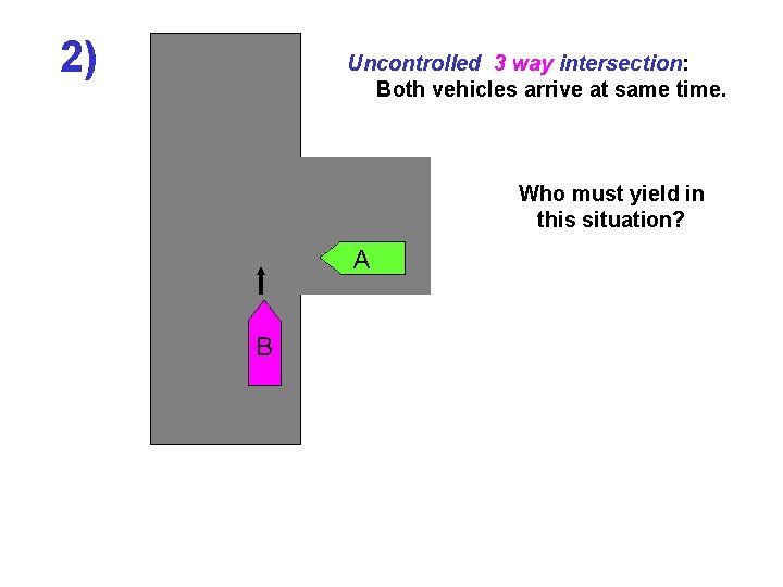 2) Uncontrolled 3 way intersection: Both vehicles arrive at same time. Who must yield