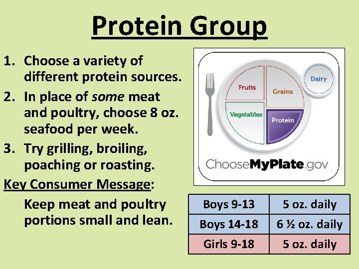 Protein Group 1. Choose a variety of different protein sources. 2. In place of